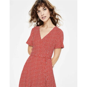 Boden Dress 16 Womens Orange Polka Dot Wrap Midi Short Sleeve Stretch Comfy
